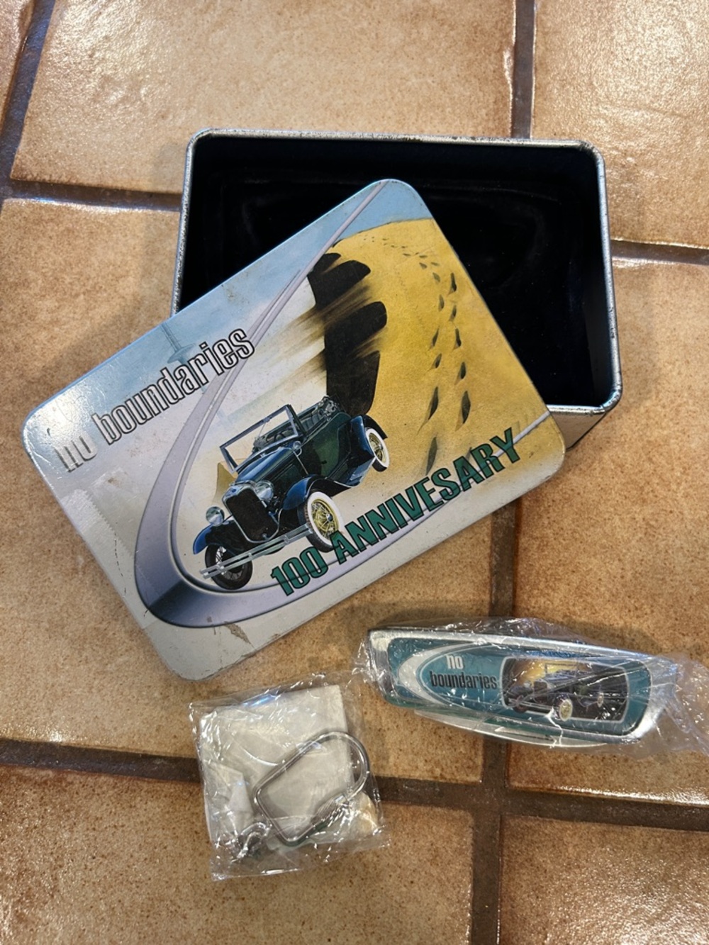 No Boundaries Teal and Yellow 100th Anniversary Keychain with Decorative Tin